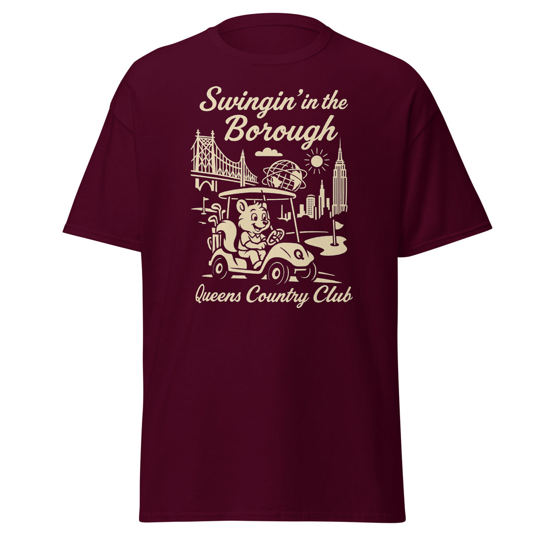  Queens Country Club T-shirt featuring vintage-style golf squirrel mascot driving a golf cart with NYC skyline, Unisphere, and Queensboro Bridge in background. Swingin' in the Borough golf streetwear for New York golfers