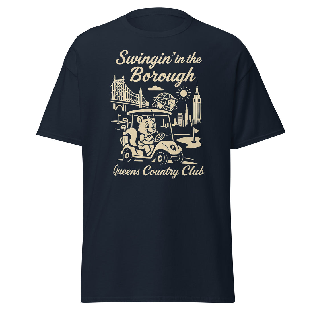  Queens Country Club T-shirt featuring vintage-style golf squirrel mascot driving a golf cart with NYC skyline, Unisphere, and Queensboro Bridge in background. Swingin' in the Borough golf streetwear for New York golfers