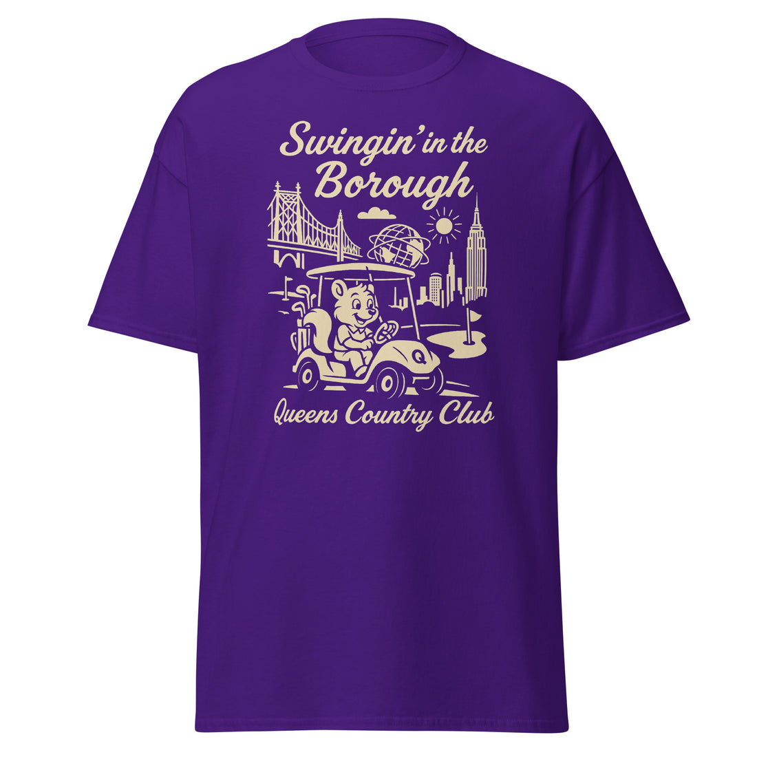  Queens Country Club T-shirt featuring vintage-style golf squirrel mascot driving a golf cart with NYC skyline, Unisphere, and Queensboro Bridge in background. Swingin' in the Borough golf streetwear for New York golfers