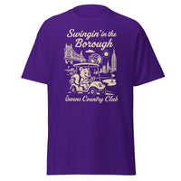  Queens Country Club T-shirt featuring vintage-style golf squirrel mascot driving a golf cart with NYC skyline, Unisphere, and Queensboro Bridge in background. Swingin' in the Borough golf streetwear for New York golfers