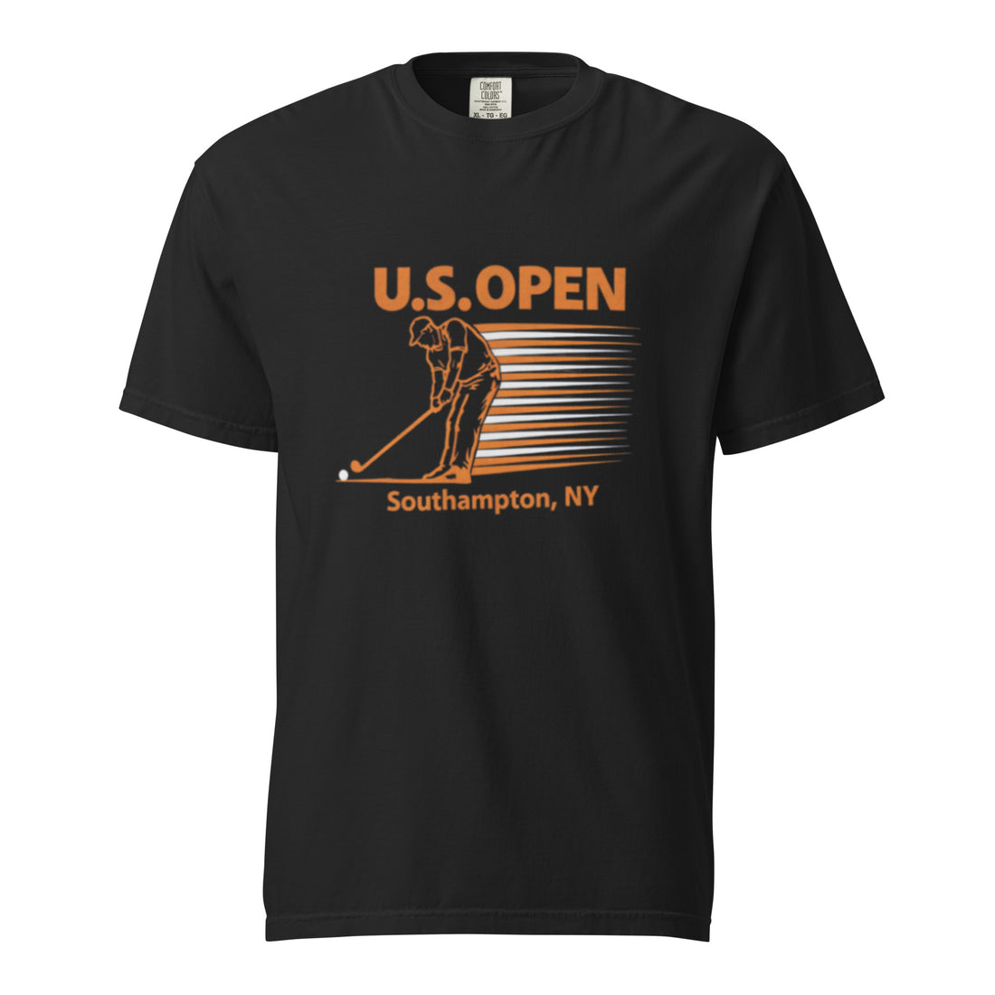  Black garment-dyed U.S. Open golf T-shirt featuring a retro golfer graphic and Southampton, NY typography inspired by Shinnecock Hills Golf Club and New York golf culture.