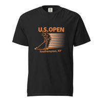  Black garment-dyed U.S. Open golf T-shirt featuring a retro golfer graphic and Southampton, NY typography inspired by Shinnecock Hills Golf Club and New York golf culture.
