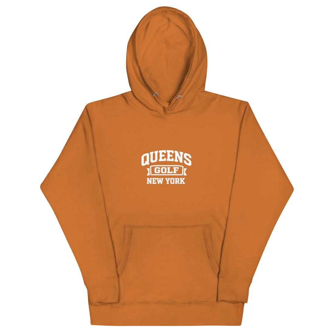   Queens Country Club Queens Golf New York collegiate hoodie with varsity-style golf graphic on front