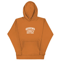   Queens Country Club Queens Golf New York collegiate hoodie with varsity-style golf graphic on front