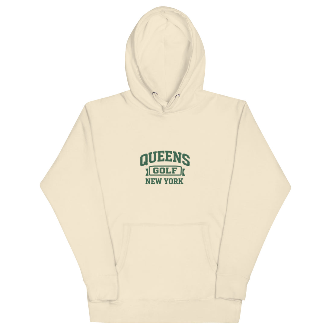   Queens Country Club Queens Golf New York collegiate hoodie with varsity-style golf graphic on front