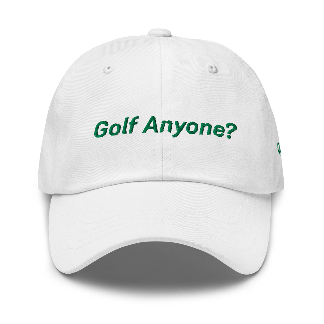"Golf Anyone?" Dad hat in White – front view, Queens golf apparel by Queens Country Club