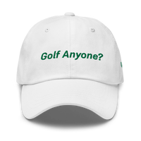 "Golf Anyone?" Dad hat in White – front view, Queens golf apparel by Queens Country Club