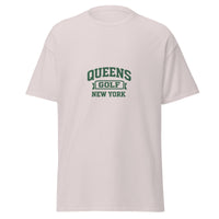   Queens Collegiate Golf Tee by Queens Country Club featuring varsity Queens Golf New York graphic inspired by NYC public golf culture.
