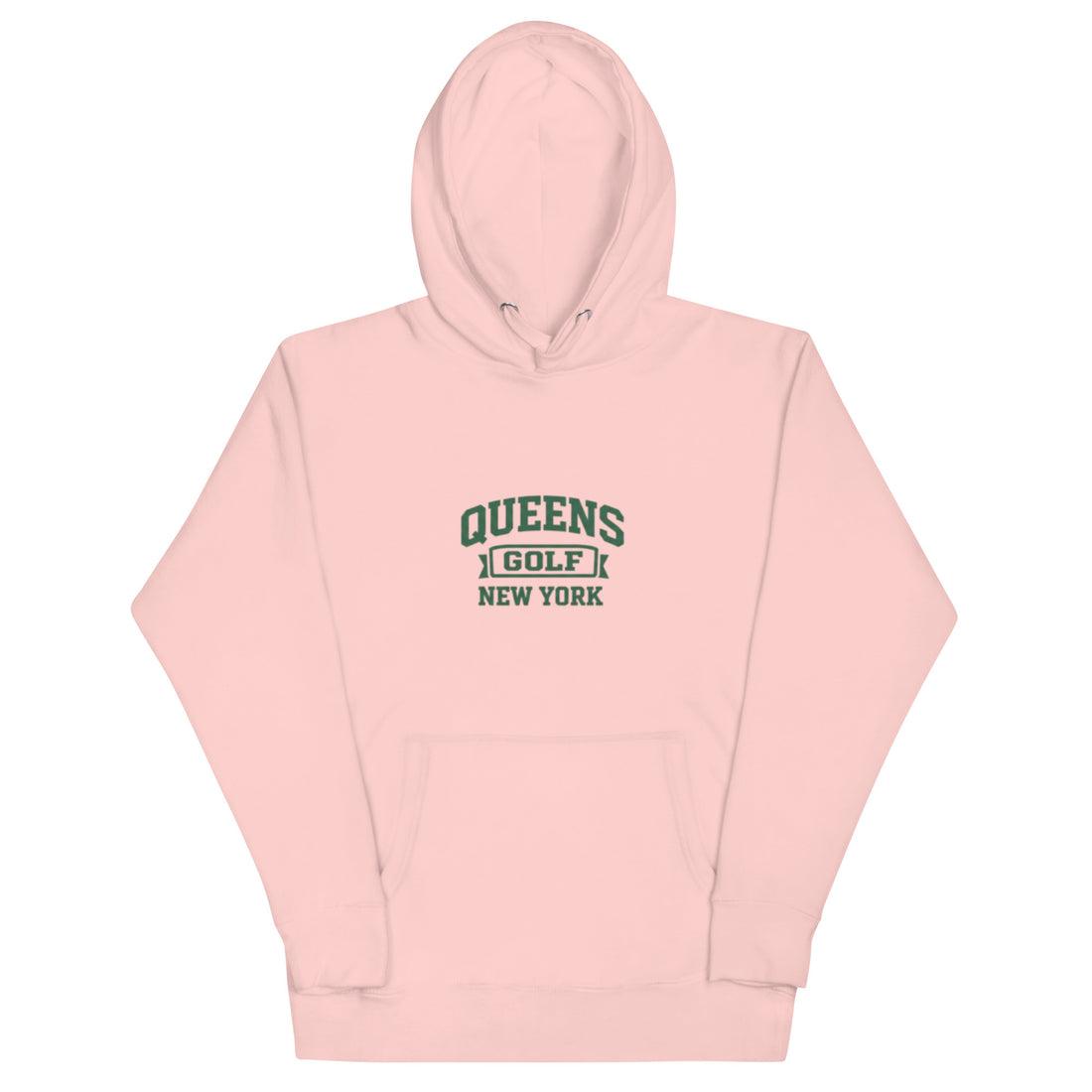   Queens Country Club Queens Golf New York collegiate hoodie with varsity-style golf graphic on front