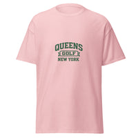   Queens Collegiate Golf Tee by Queens Country Club featuring varsity Queens Golf New York graphic inspired by NYC public golf culture.