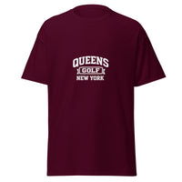  Queens Collegiate Golf Tee by Queens Country Club featuring varsity Queens Golf New York graphic inspired by NYC public golf culture.