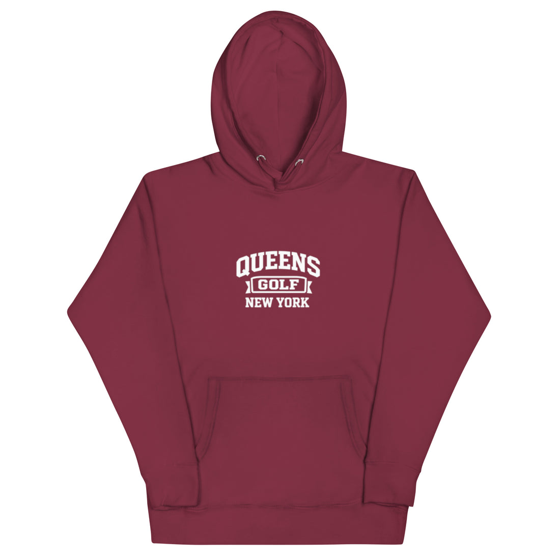   Queens Country Club Queens Golf New York collegiate hoodie with varsity-style golf graphic on front