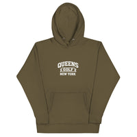  Queens Country Club Queens Golf New York collegiate hoodie with varsity-style golf graphic on front