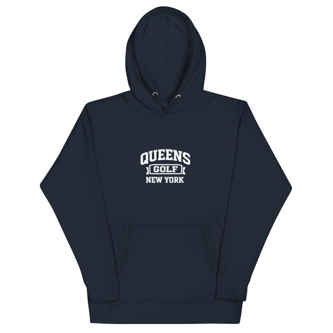   Queens Country Club Queens Golf New York collegiate hoodie with varsity-style golf graphic on front
