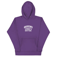  Queens Country Club Queens Golf New York collegiate hoodie with varsity-style golf graphic on front