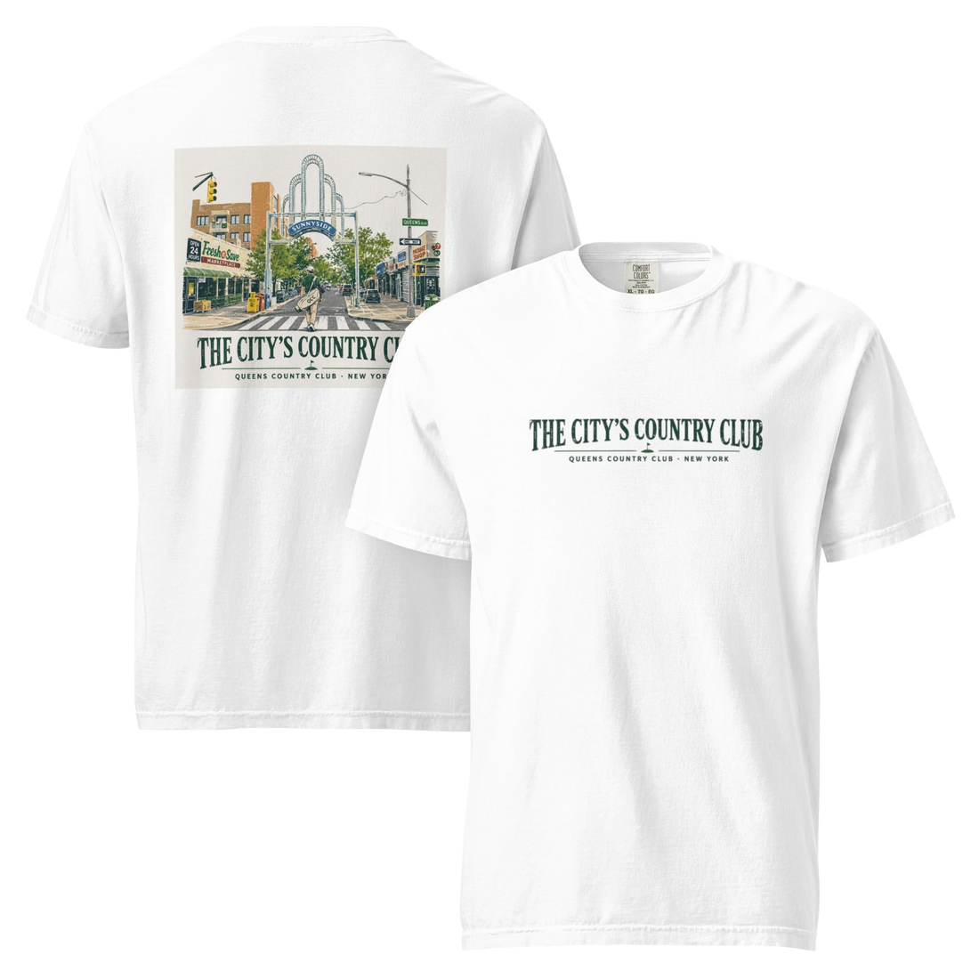 White Queens Country Club in Sunny Side Tee featuring the QCC neighborhood golf graphic, front-and-back product mockup