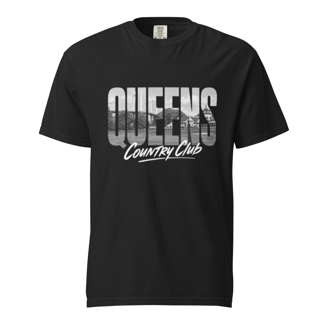 Black Queens Muni Vista Tee with a monochrome Queens municipal-golf graphic, front view | Queens Country Club