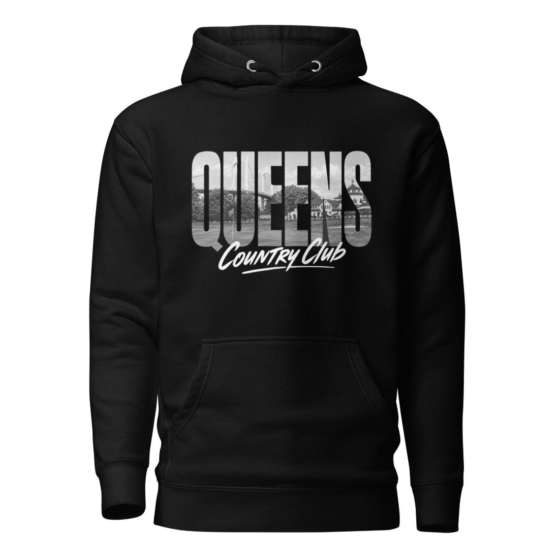 Black Queens Muni Vista Hoodie with a monochrome Queens municipal-golf graphic, front view | Queens Country Club