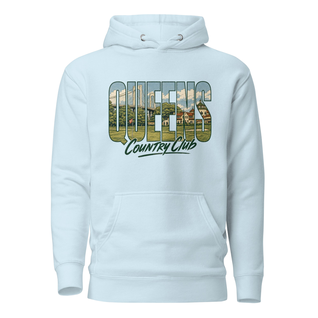 Sky Blue Queens Muni Vista Vintage Hoodie with a retro Queens municipal-golf graphic, front view | Queens Country Club