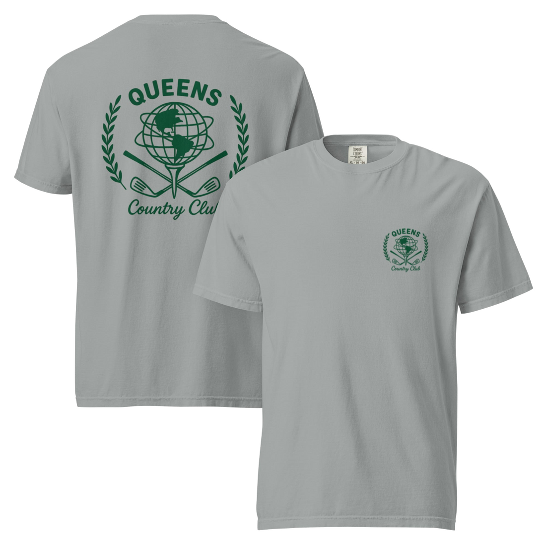 Granite garment-dyed Queens Unisphere Golf Ball Tee with green print, front and back views | Queens Country Club