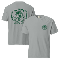 Granite garment-dyed Queens Unisphere Golf Ball Tee with green print, front and back views | Queens Country Club