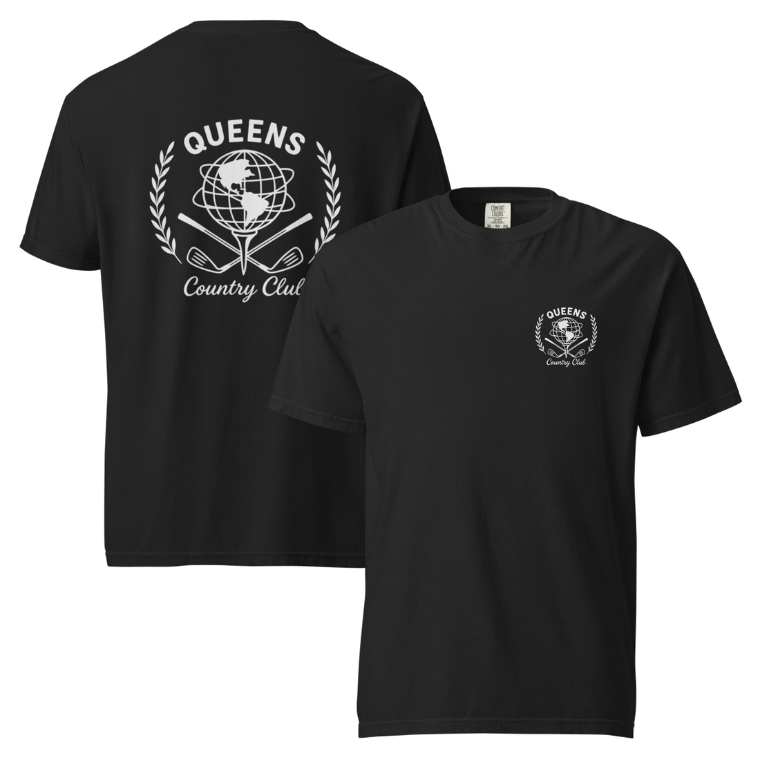 Black garment-dyed Queens Unisphere Golf Ball Tee with white print, front and back views | Queens Country Club