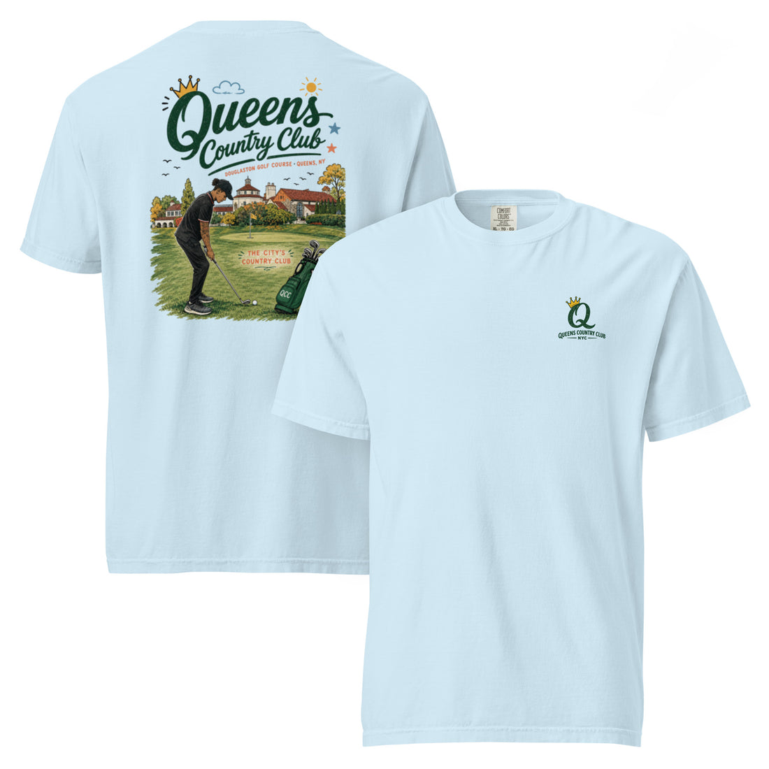 Chambray Douglaston Golf Course Tee featuring the QCC public golf graphic, front-and-back product mockup