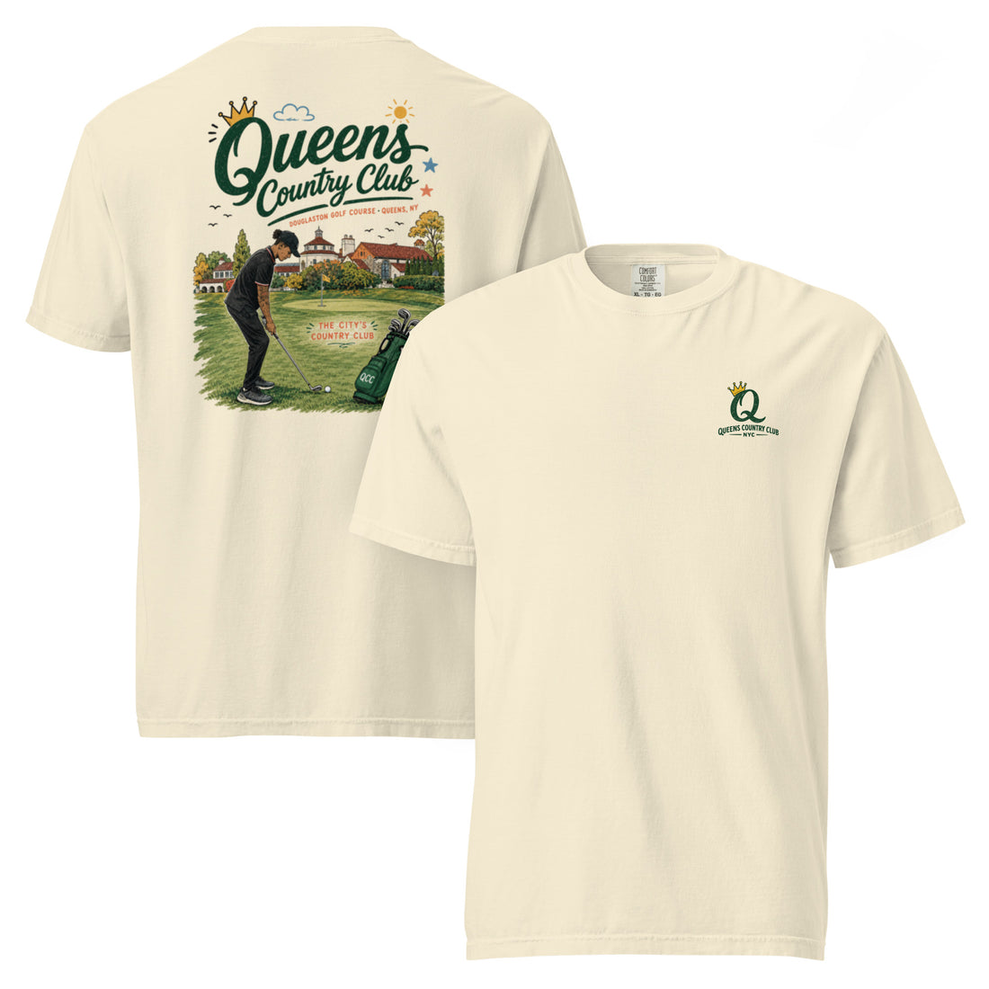 Ivory Douglaston Golf Course Tee featuring the QCC public golf graphic, front-and-back product mockup