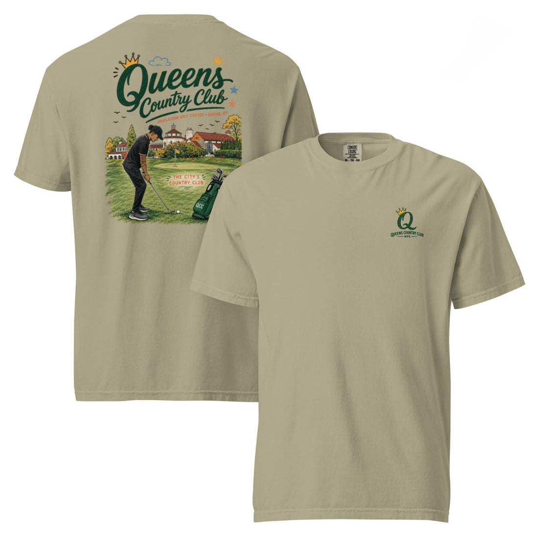 Khaki Douglaston Golf Course Tee featuring the QCC public golf graphic, front-and-back product mockup