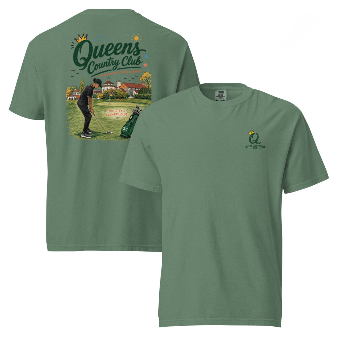 Light Green Douglaston Golf Course Tee featuring the QCC public golf graphic, front-and-back product mockup