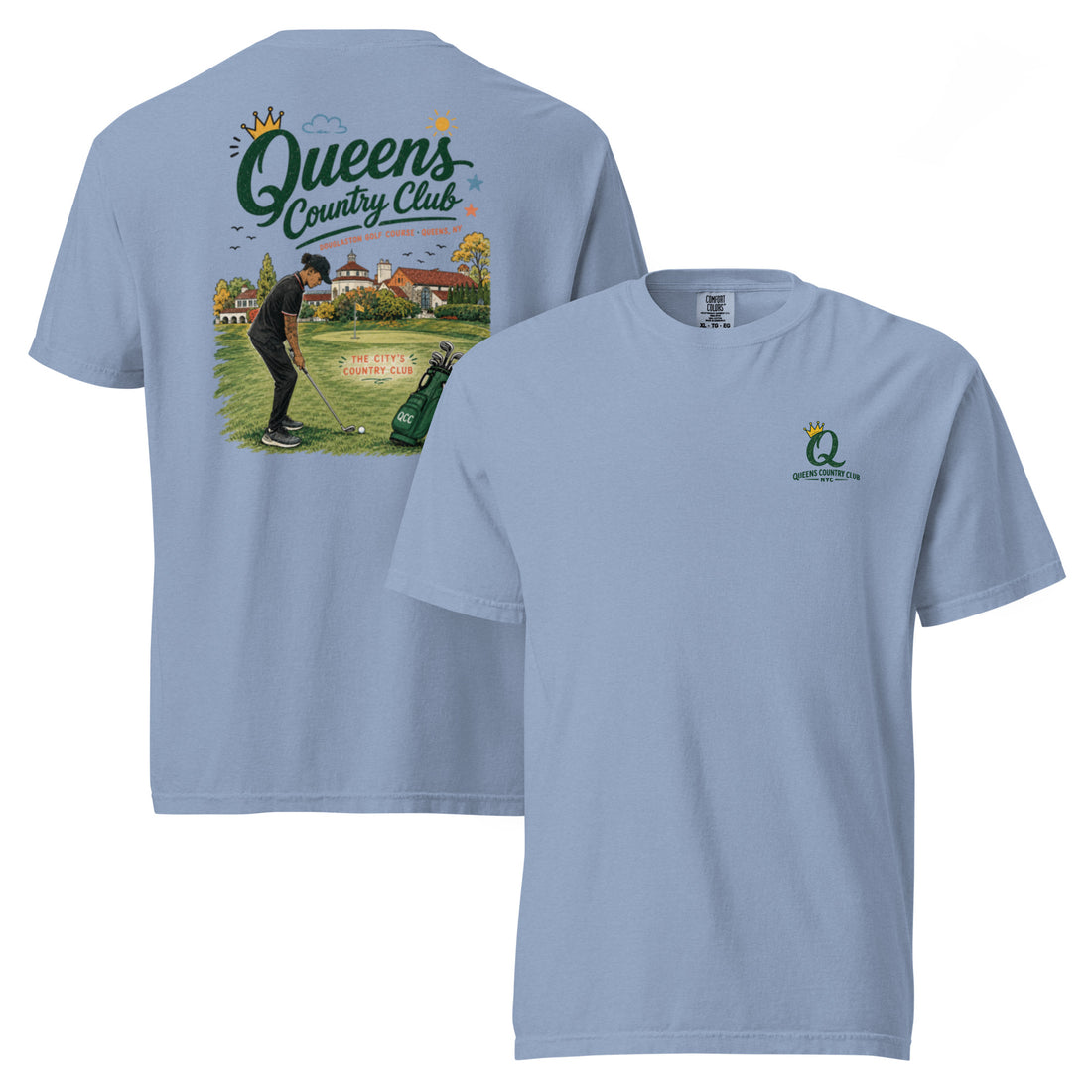Washed Denim Douglaston Golf Course Tee featuring the QCC public golf graphic, front-and-back product mockup