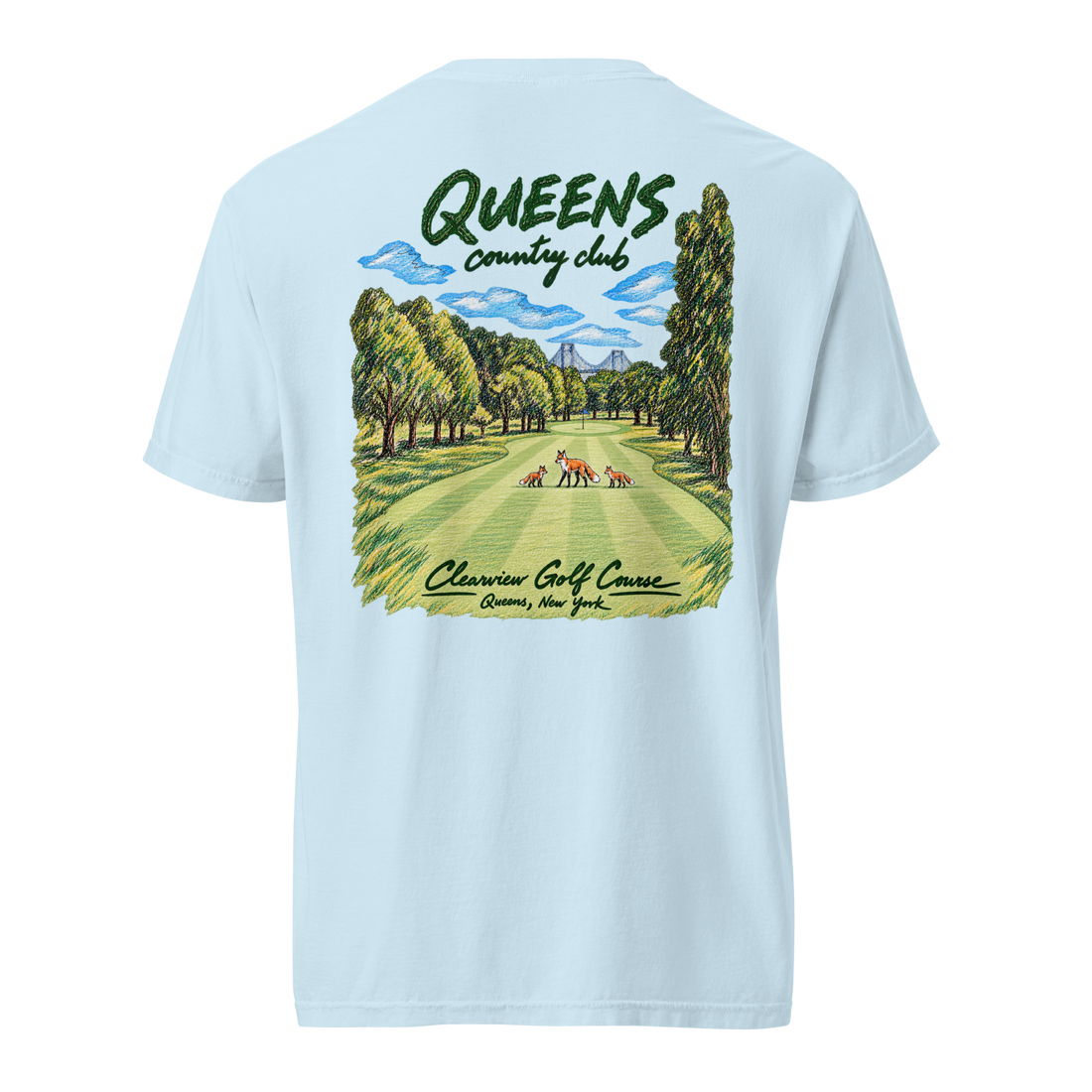 QCC Fairway Fox Tee in Chambray, back view: three foxes on a tree-lined fairway with a green, flag and bridge; Queens Country Club and Clearview Golf Course lettering.