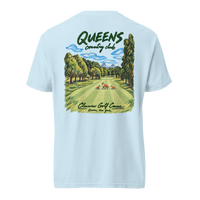 QCC Fairway Fox Tee in Chambray, back view: three foxes on a tree-lined fairway with a green, flag and bridge; Queens Country Club and Clearview Golf Course lettering.