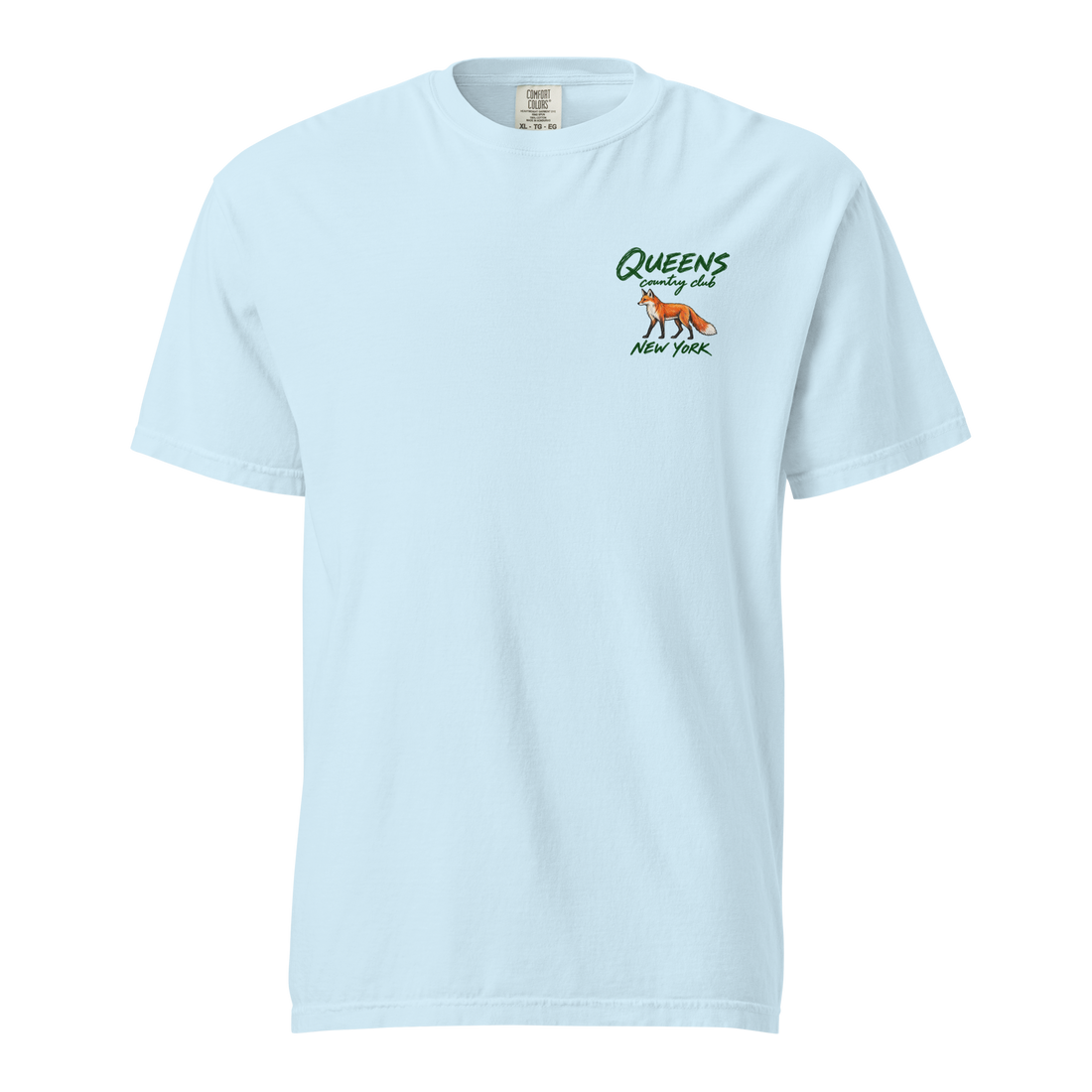 QCC Fairway Fox Tee in Chambray, front view: orange fox below green Queens Country Club lettering, with New York beneath, on the left chest.