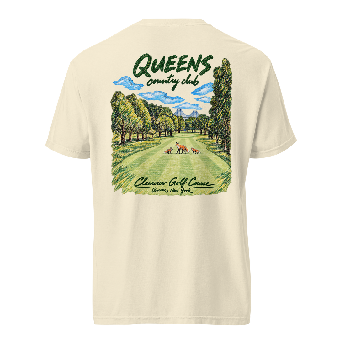 QCC Fairway Fox Tee in Ivory, back view: three foxes on a tree-lined fairway with a green, flag and bridge; Queens Country Club and Clearview Golf Course lettering.