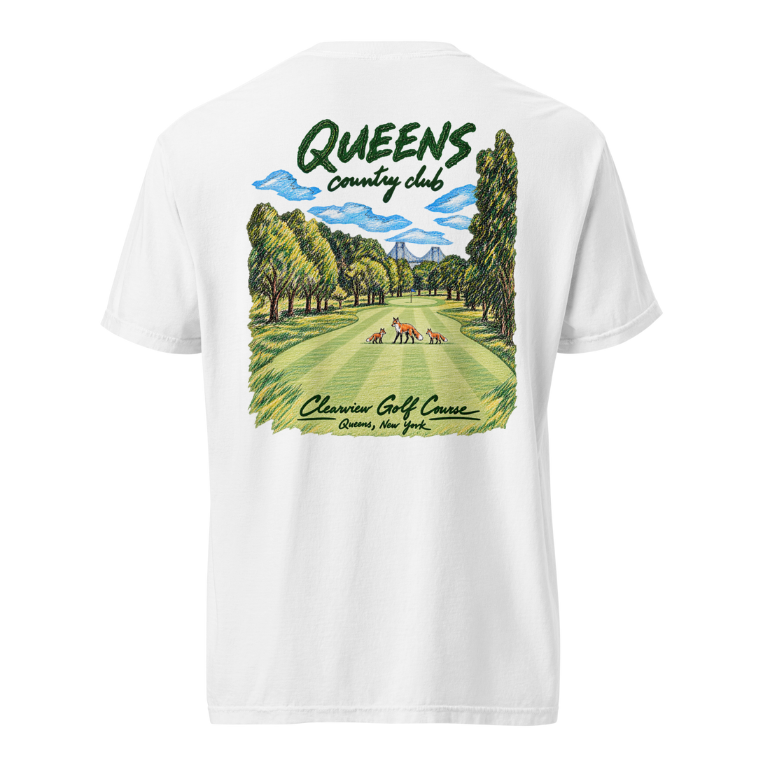QCC Fairway Fox Tee in White, back view: three foxes on a tree-lined fairway with a green, flag and bridge; Queens Country Club and Clearview Golf Course lettering.