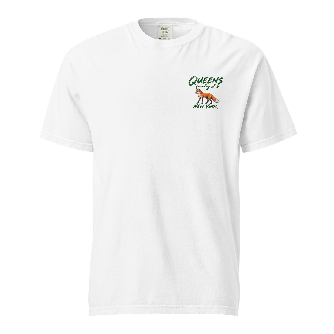 QCC Fairway Fox Tee in White, front view: orange fox below green Queens Country Club lettering, with New York beneath, on the left chest.