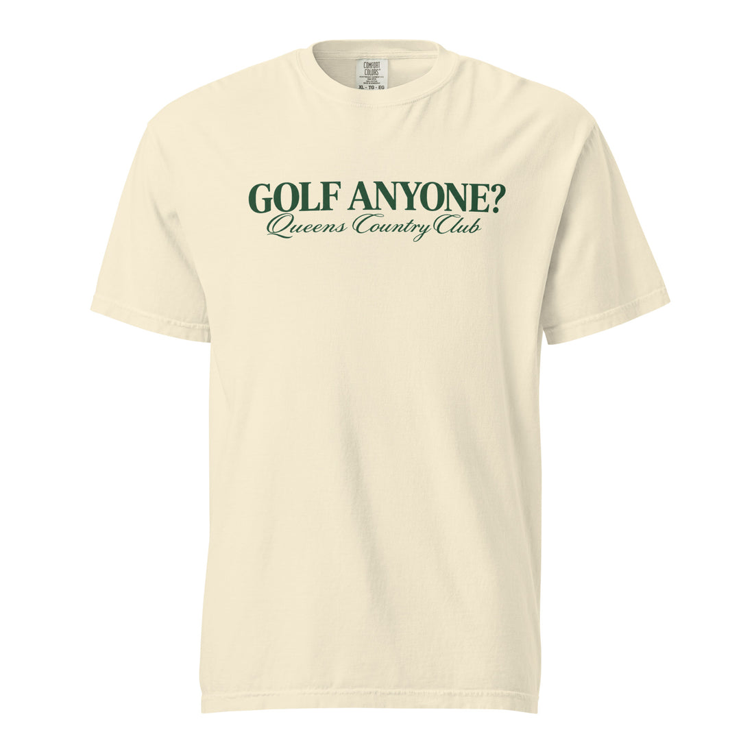 Queens Country Club Golf Anyone? Tee with green print in Ivory, front view