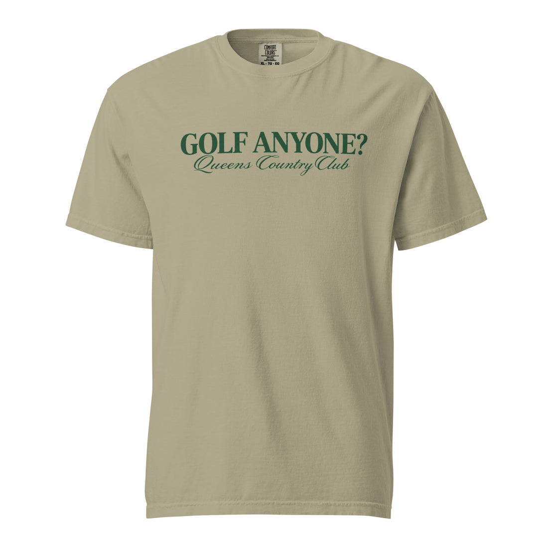 Queens Country Club Golf Anyone? Tee with green print in Khaki, front view