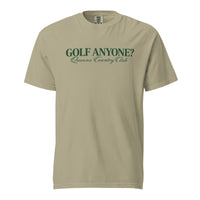 Queens Country Club Golf Anyone? Tee with green print in Khaki, front view