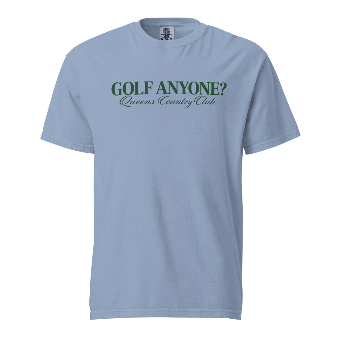 Queens Country Club Golf Anyone? Tee with green print in Washed Denim, front view
