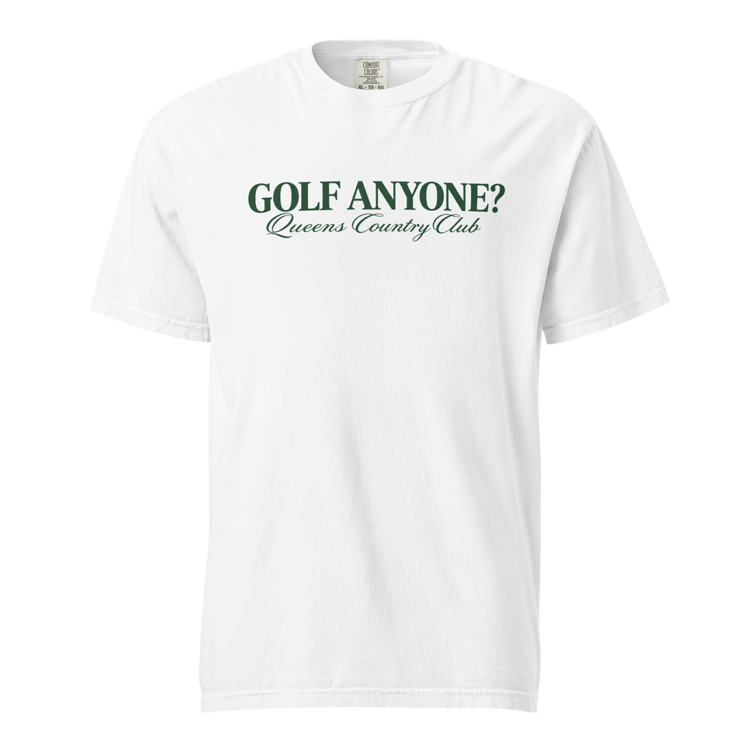 Queens Country Club Golf Anyone? Tee with green print in White, front view