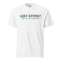 Queens Country Club Golf Anyone? Tee with green print in White, front view