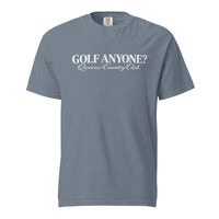 Queens Country Club Golf Anyone? Tee with white print in Blue Jean, front view