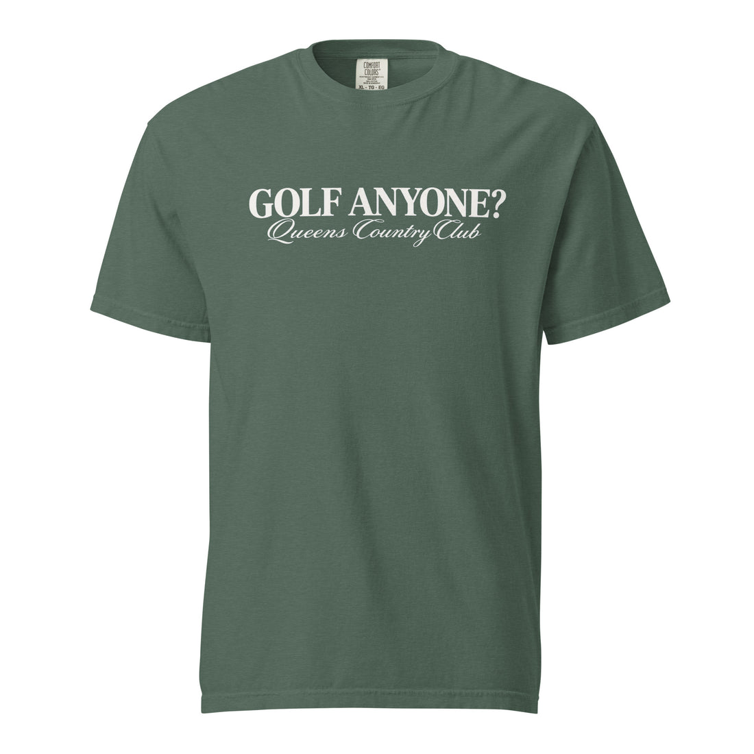 Queens Country Club Golf Anyone? Tee with white print in Blue Spruce, front view