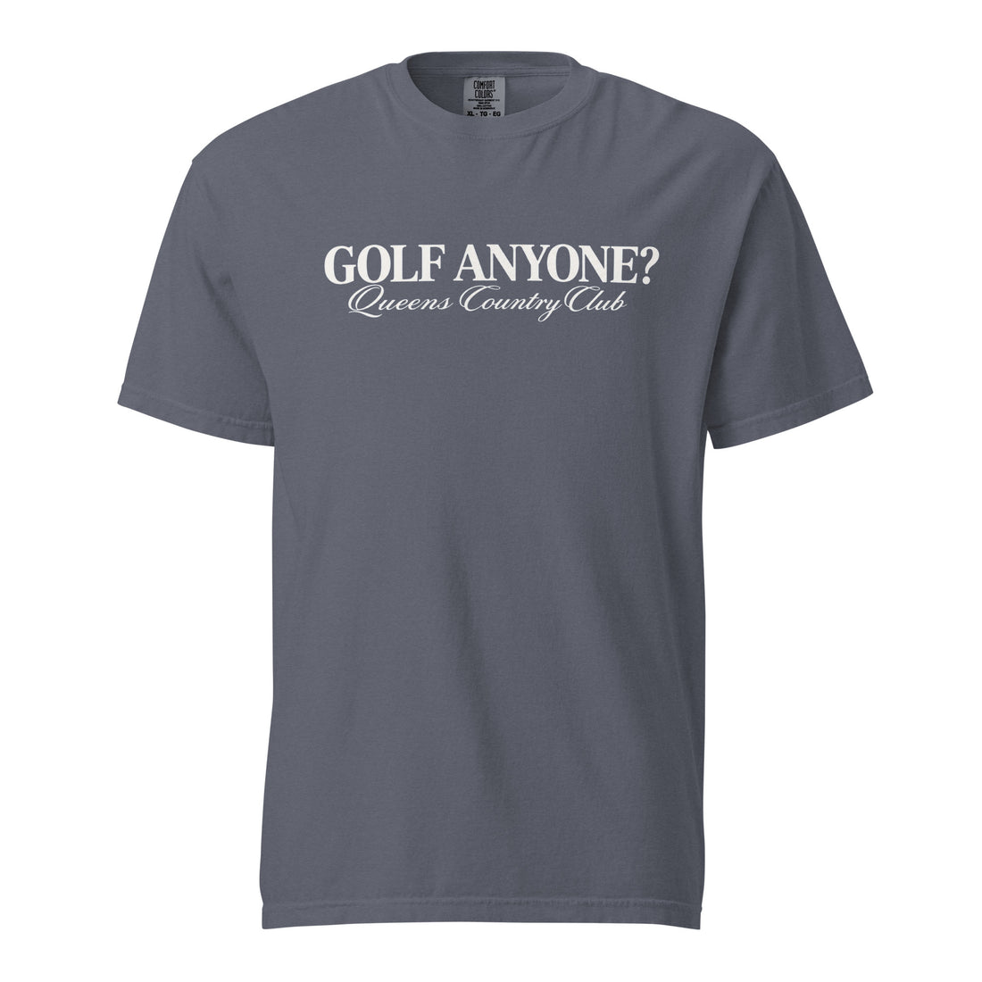Queens Country Club Golf Anyone? Tee with white print in Denim, front view