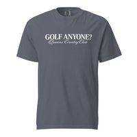 Queens Country Club Golf Anyone? Tee with white print in Denim, front view