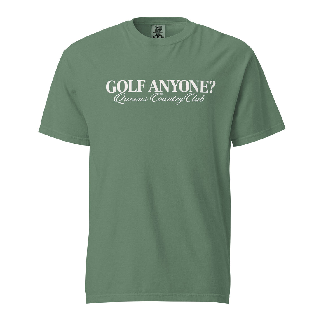Queens Country Club Golf Anyone? Tee with white print in Light Green, front view