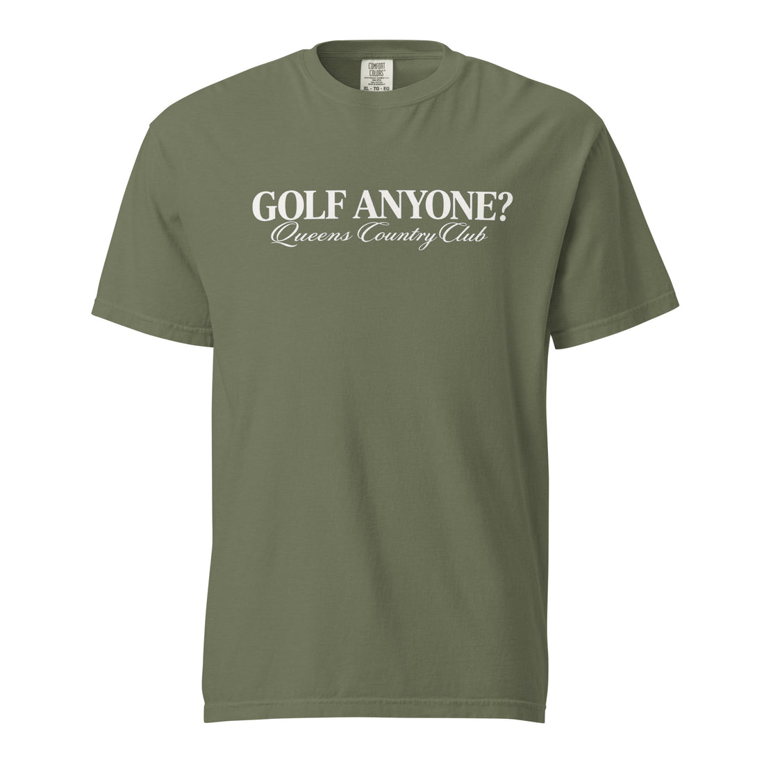 Queens Country Club Golf Anyone? Tee with white print in Moss, front view