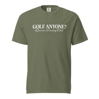 Queens Country Club Golf Anyone? Tee with white print in Moss, front view